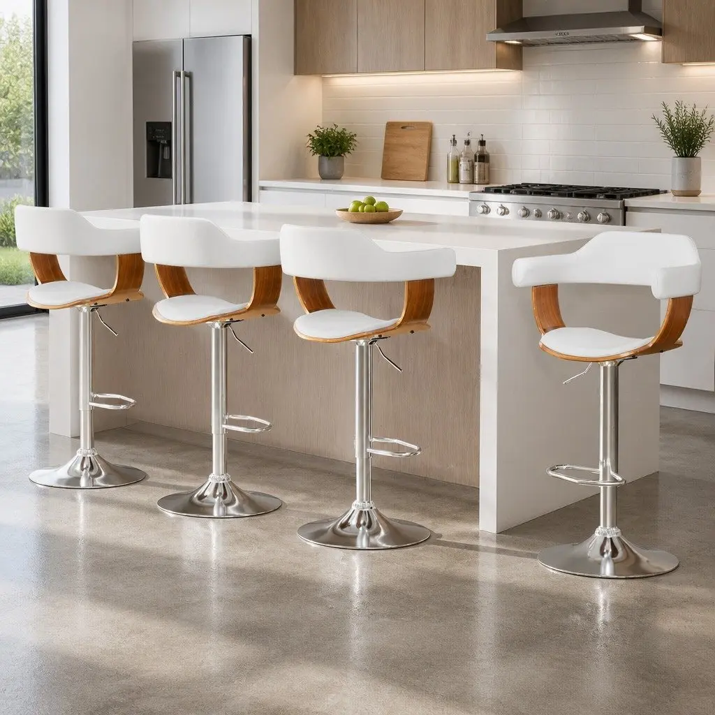 Bar Stools Wooden Seat PU Leather Padded Height Adjustable Swivel White Chrome Base 4 Piece