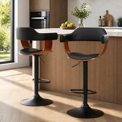 Bar Stools with Armrest Gas Lift PU Leather Padded Seat Black Set of 2