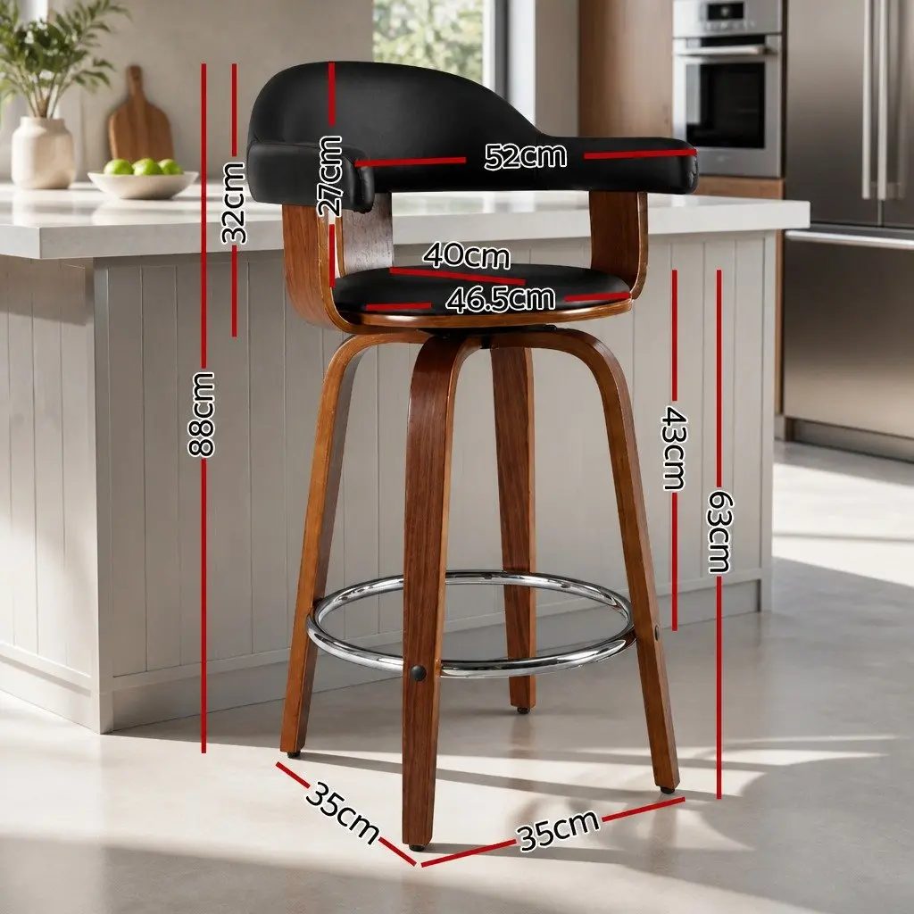 Wooden Leg Bar Stools Set of 2 Black Padded Seat Rotatable Mid-Height Backrest