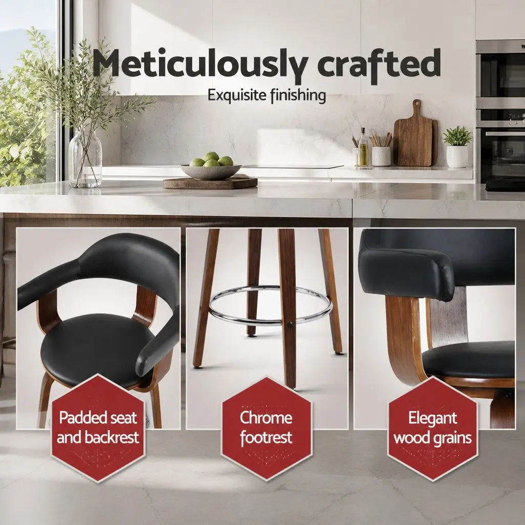 Wooden Leg Bar Stools Set of 2 Black Padded Seat Rotatable Mid-Height Backrest
