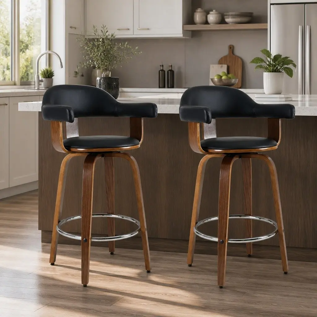 Wooden Leg Bar Stools Set of 2 Black Padded Seat Rotatable Mid-Height Backrest