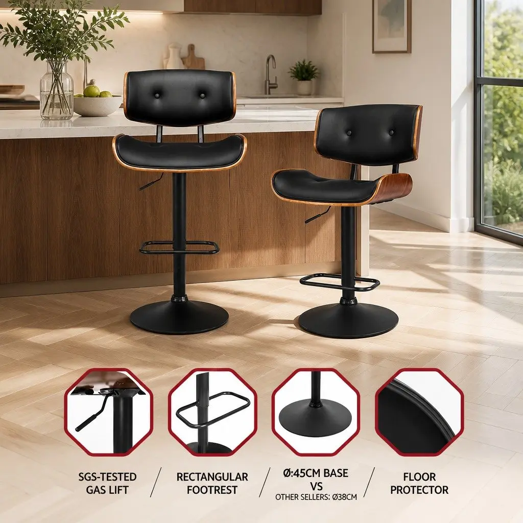 Bar Stools Gas Lift Padded Seat 360 Degree Swivel Adjustable Height Black 2 Piece