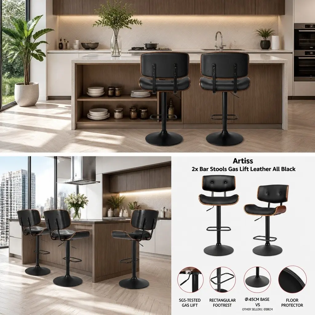 Bar Stools Gas Lift Padded Seat 360 Degree Swivel Adjustable Height Black 2 Piece