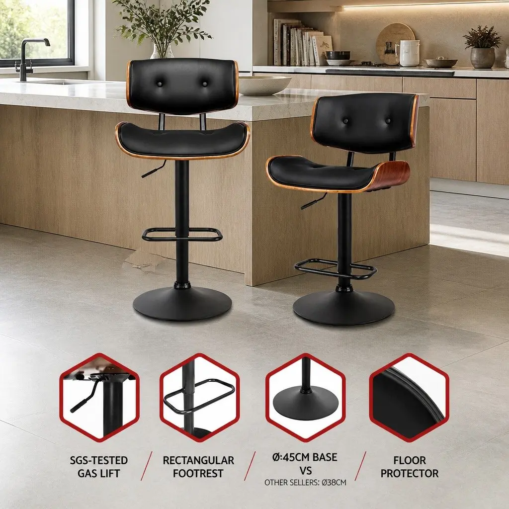 Bar Stools Gas Lift Adjustable Height Swivel PU Leather Padded Seat Steel Black