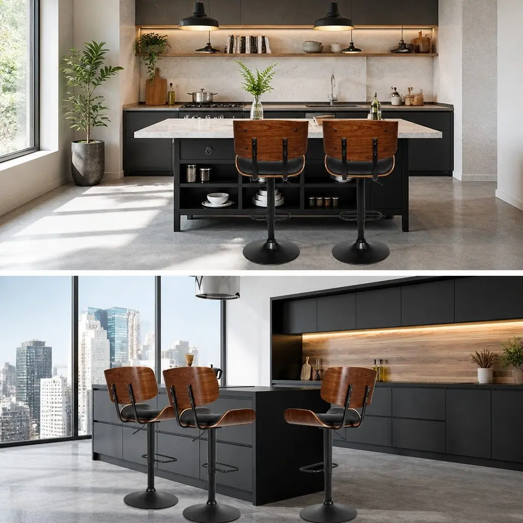 Bar Stools Gas Lift Adjustable Height Swivel PU Leather Padded Seat Steel Black