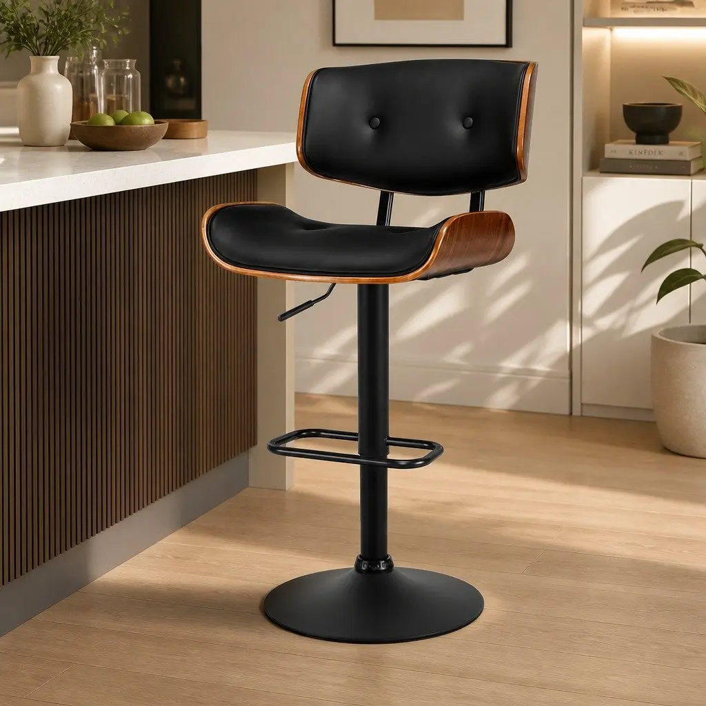 Bar Stools Gas Lift Adjustable Height Swivel PU Leather Padded Seat Steel Black