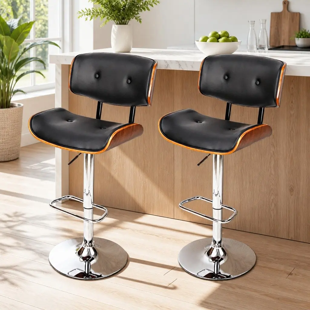 Bar Stools Wooden Seat Gas Lift Swivel PU Leather Black Chrome Base Set of 2