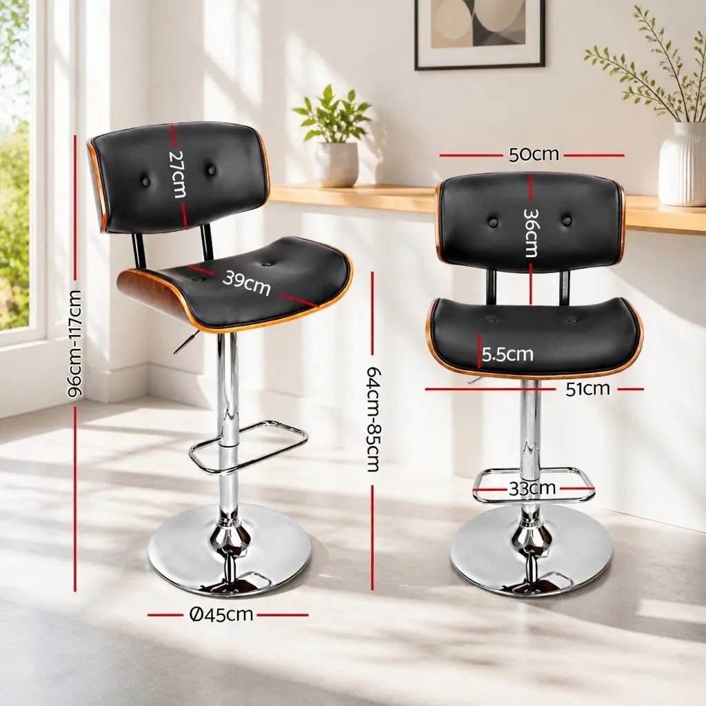 Bar Stools Wooden Seat Gas Lift Swivel PU Leather Black Chrome Base Set of 2