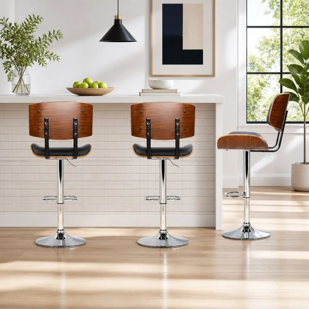 Bar Stools Wooden Seat Gas Lift Swivel PU Leather Black Chrome Base Set of 2