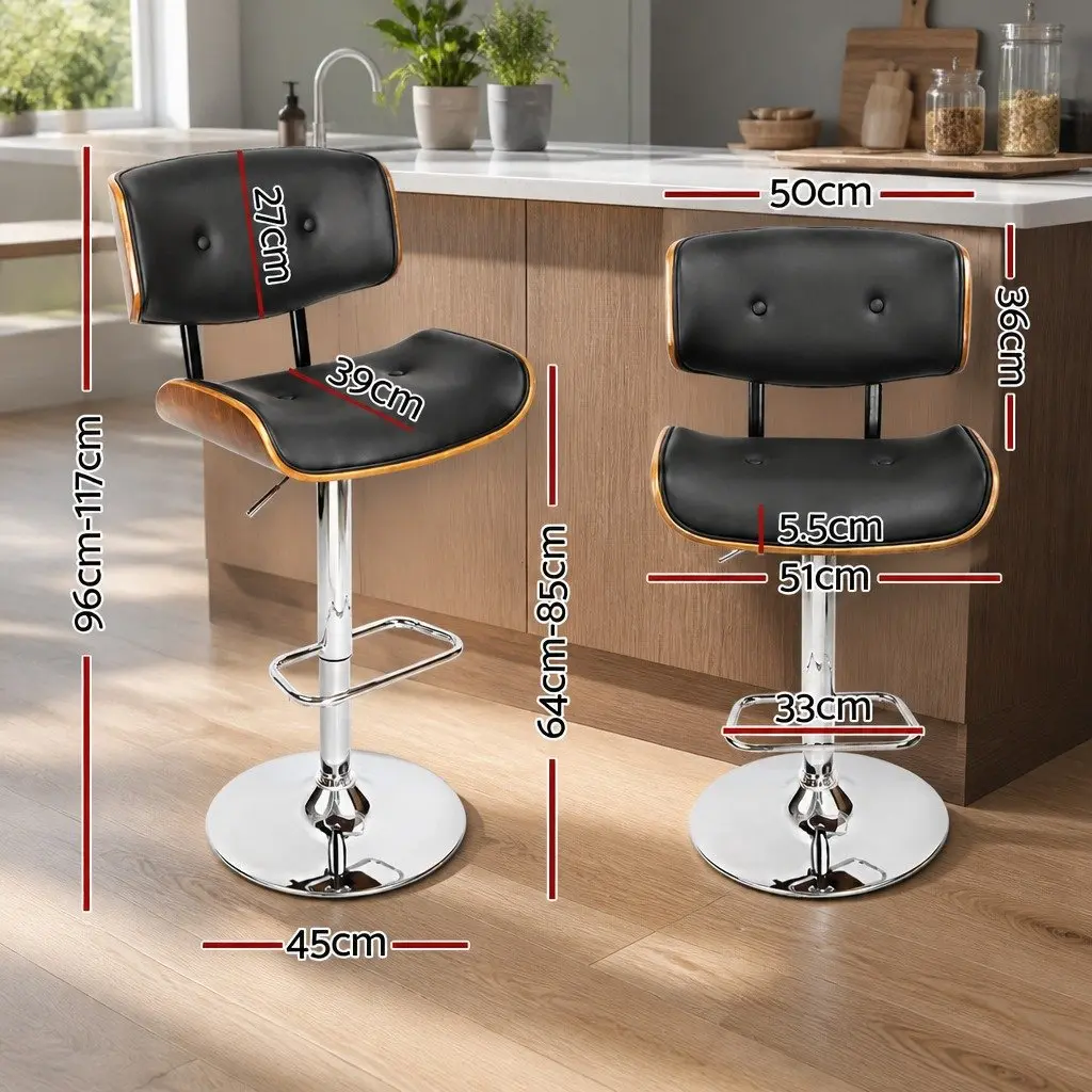 Bar Stools Wooden Seat PU Leather Padded Black Height Adjustable Chrome Base Set of 4