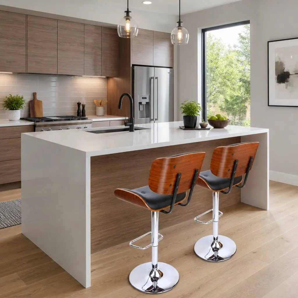 Bar Stools Wooden Seat PU Leather Padded Black Height Adjustable Chrome Base Set of 4