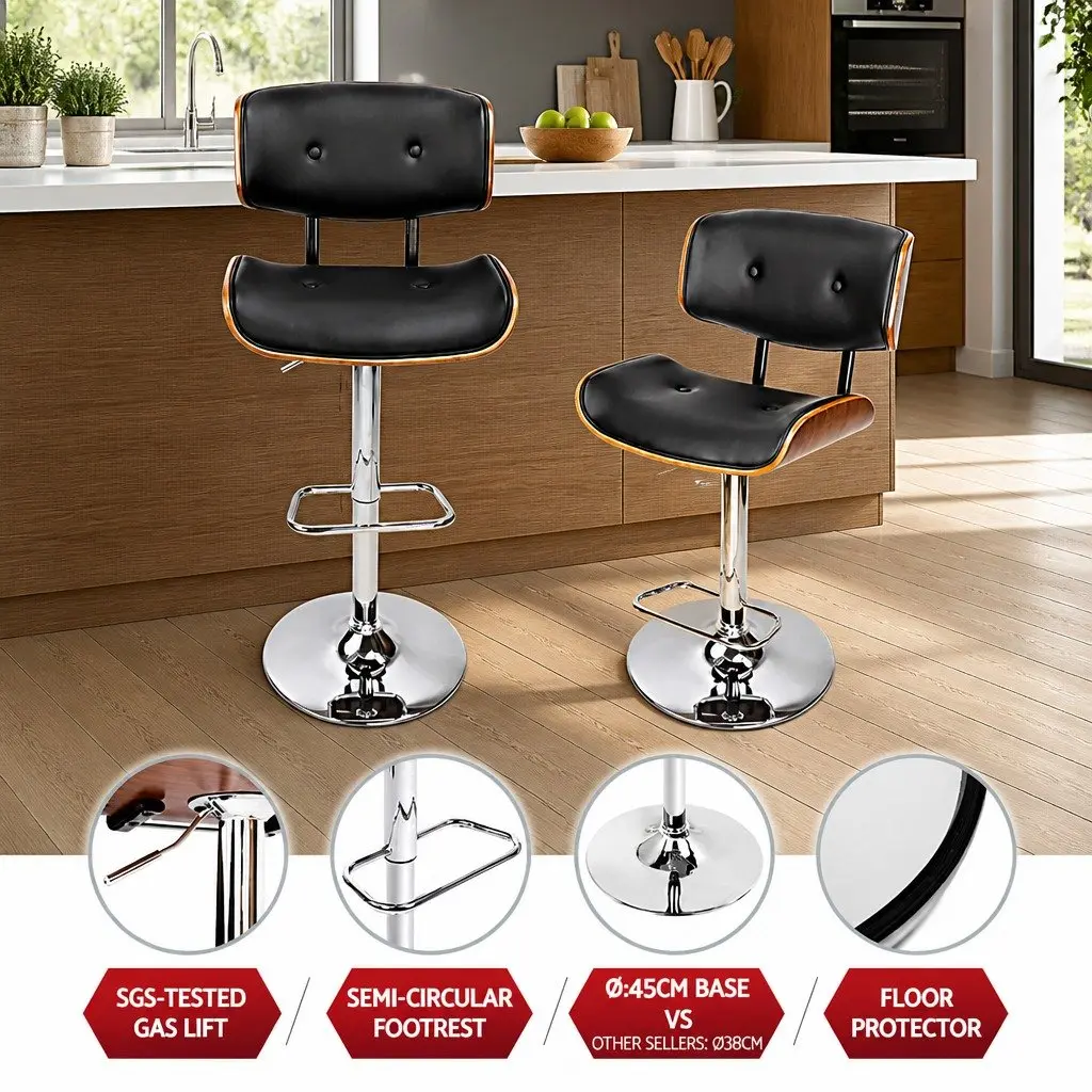 Bar Stools Wooden Seat PU Leather Padded Black Height Adjustable Chrome Base Set of 4