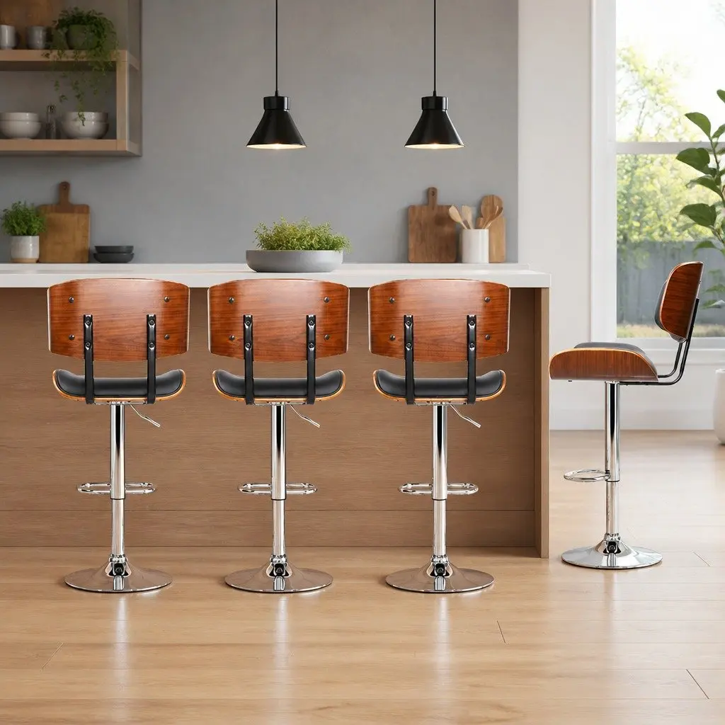 Bar Stools Wooden Seat PU Leather Padded Black Height Adjustable Chrome Base Set of 4