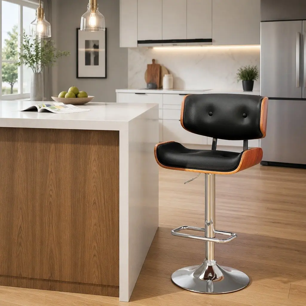 Bar Stools Wooden Seat PU Leather Padded Black Chrome Base Height Adjustable