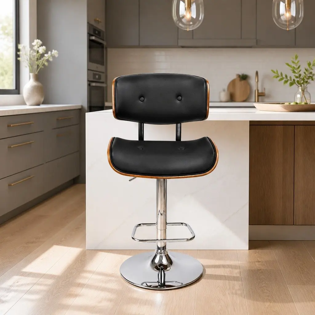 Bar Stools Wooden Seat PU Leather Padded Black Chrome Base Height Adjustable
