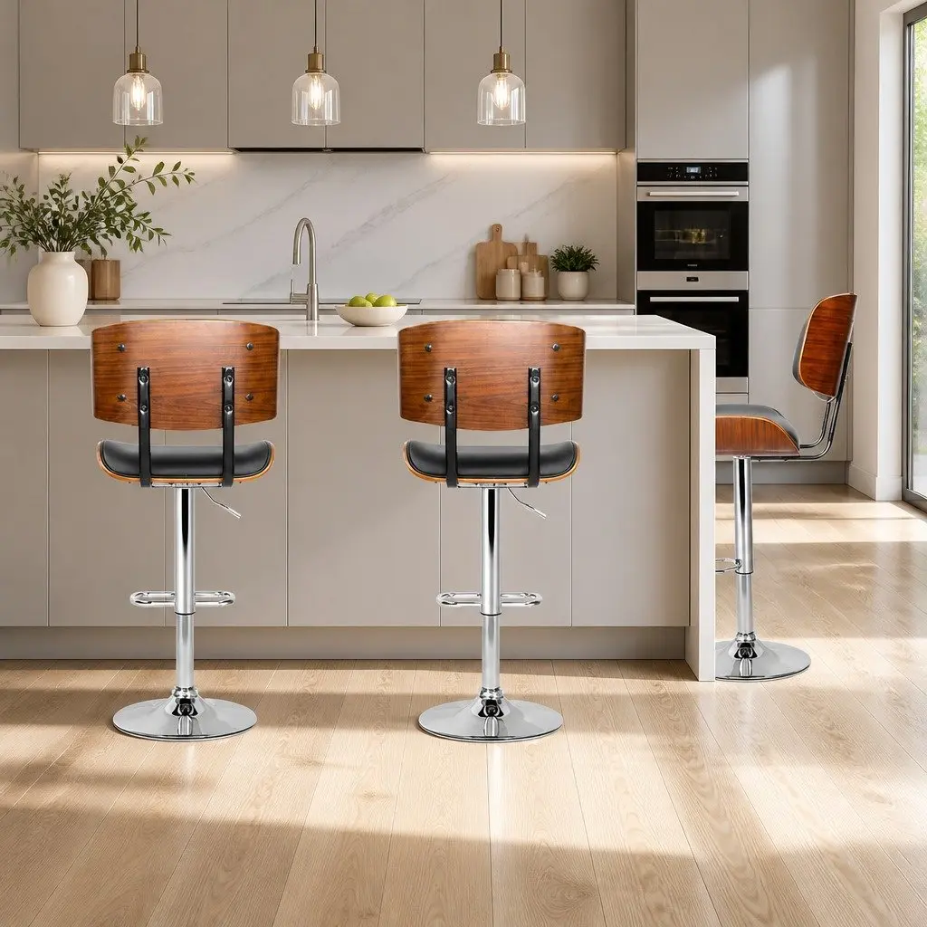 Bar Stools Wooden Seat PU Leather Padded Black Chrome Base Height Adjustable