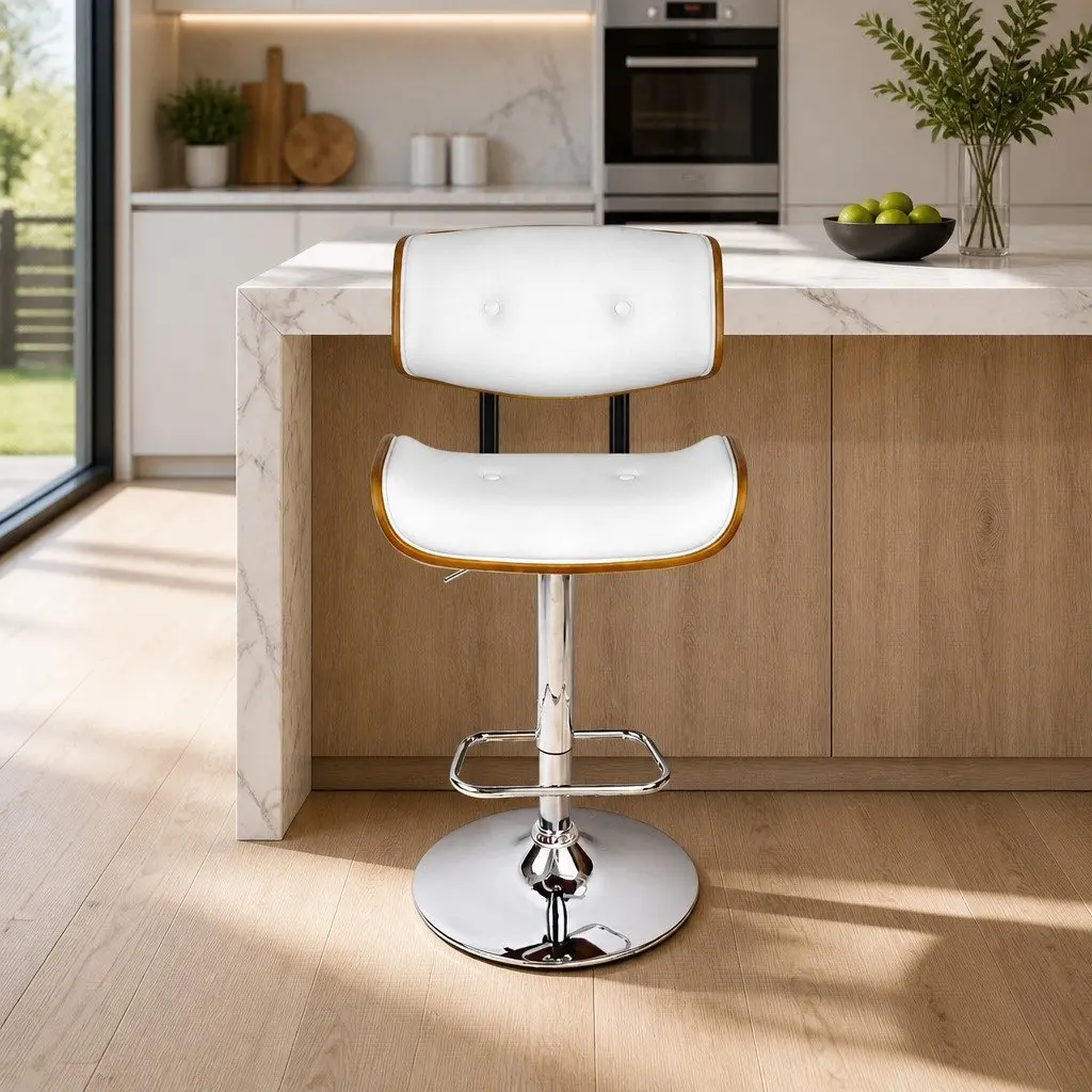 Bar Stool Swivel Chair Chrome Base White Padded Wooden Seat Gas Lift Height Adjustable