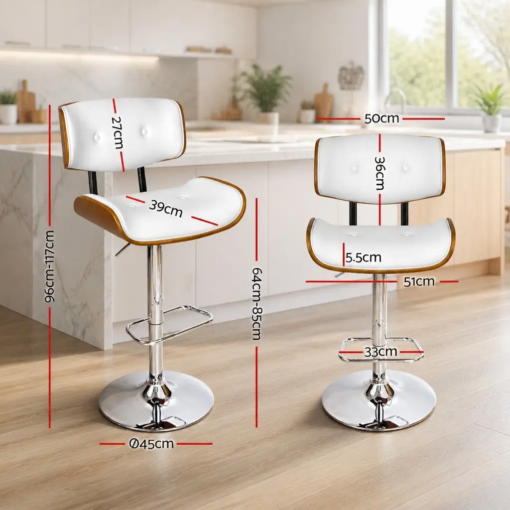Bar Stool Swivel Chair Chrome Base White Padded Wooden Seat Gas Lift Height Adjustable