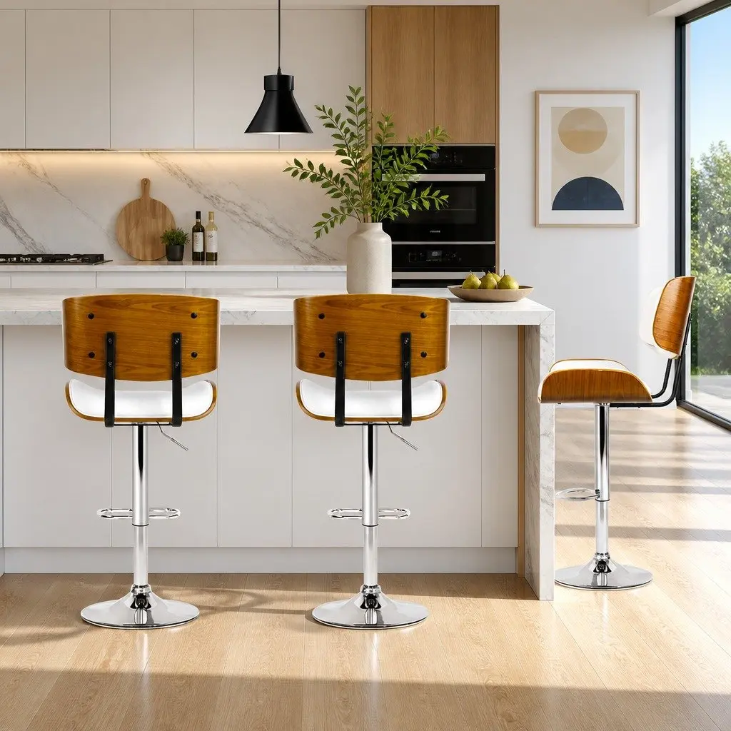 Bar Stool Swivel Chair Chrome Base White Padded Wooden Seat Gas Lift Height Adjustable