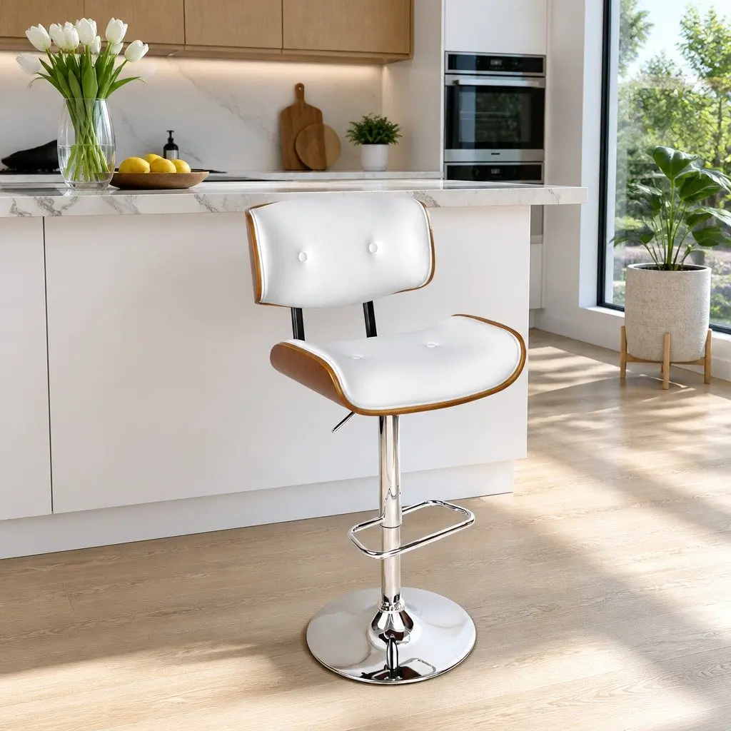 Bar Stool Swivel Chair Chrome Base White Padded Wooden Seat Gas Lift Height Adjustable