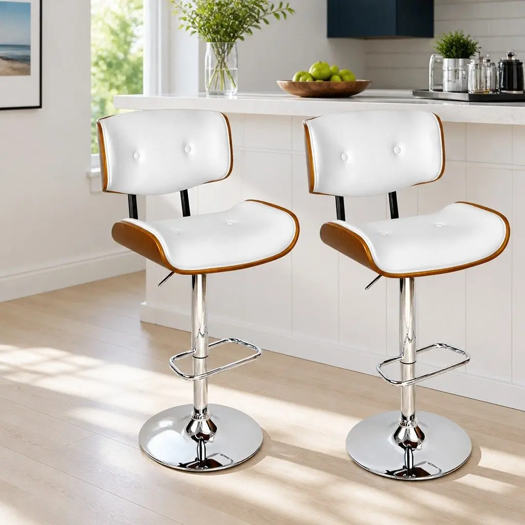Bar Stools Gas Lift Swivel PU Leather Padded Seat Chrome Base White 2 Piece