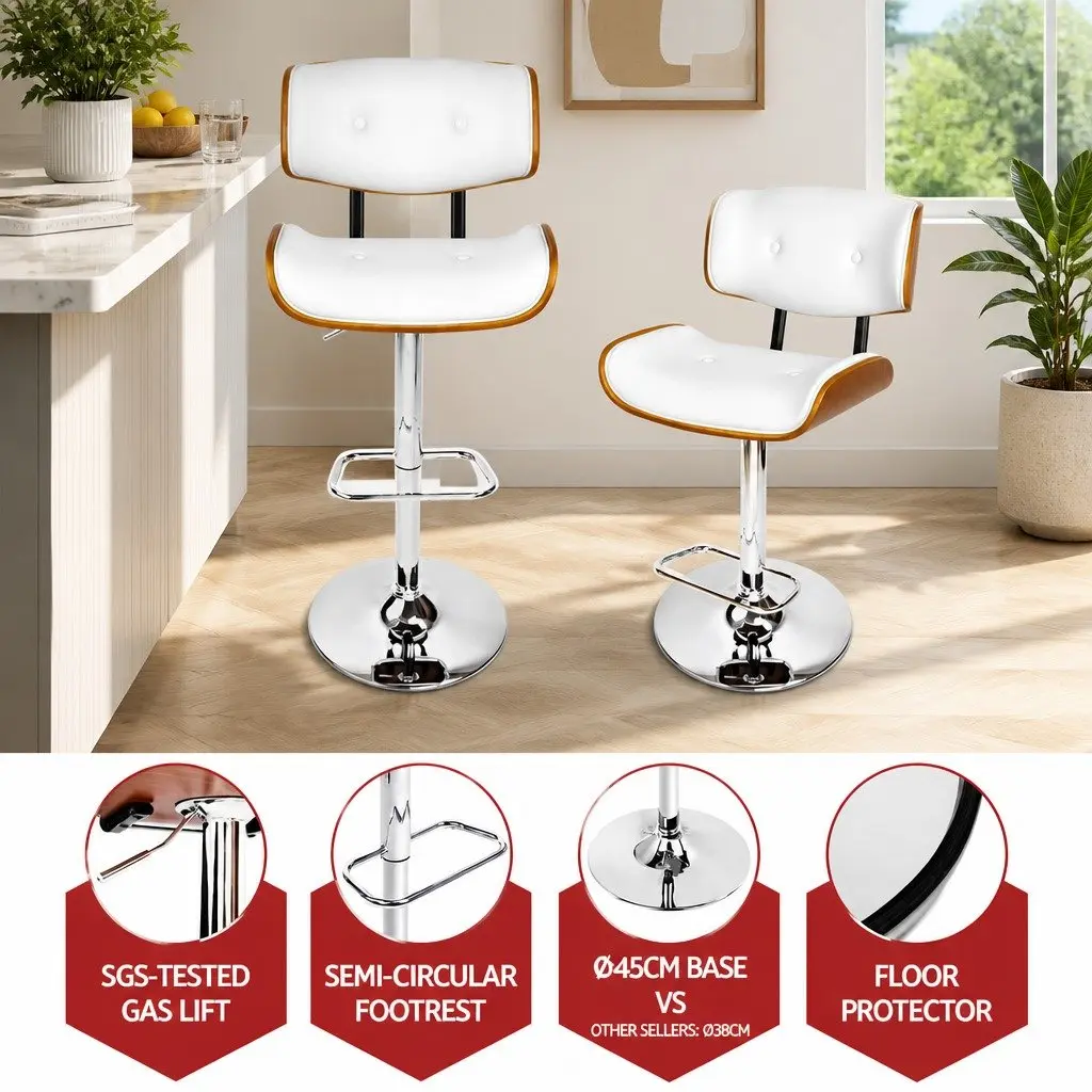 Bar Stools Gas Lift Swivel PU Leather Padded Seat Chrome Base White 2 Piece