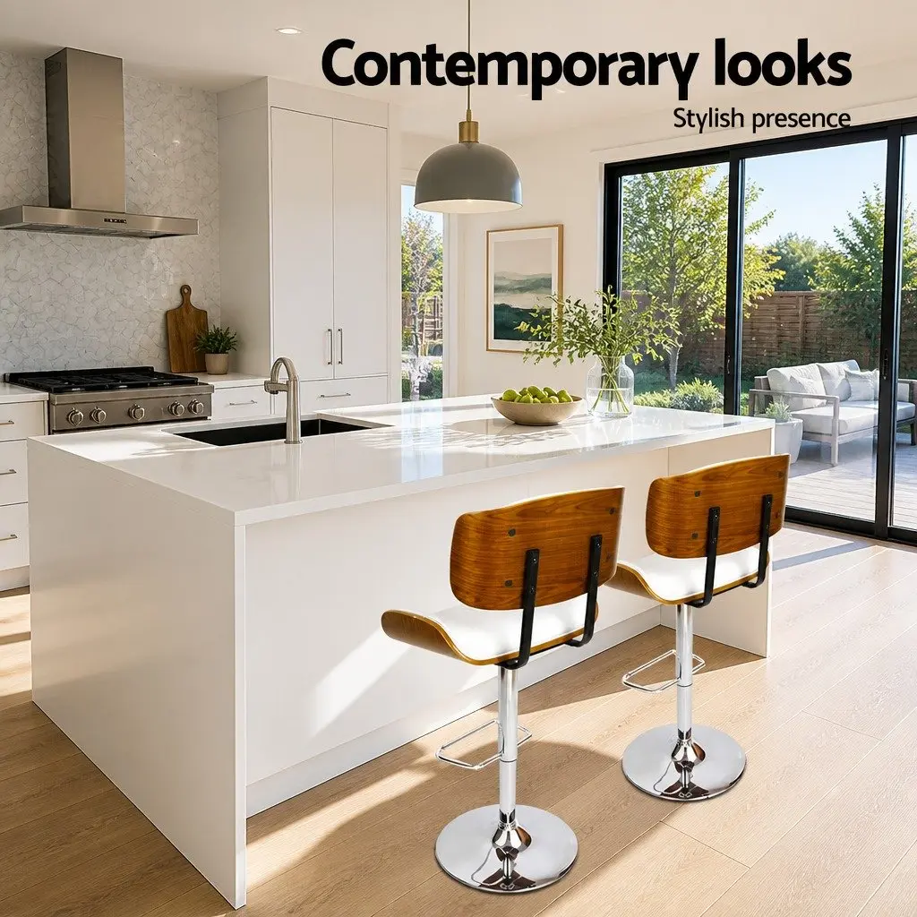 Bar Stools Gas Lift Swivel PU Leather Padded Seat Chrome Base White 2 Piece
