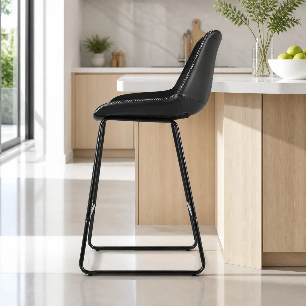 Bar Stools PU Leather Metal Frame Set of 2 Black 70cm Height
