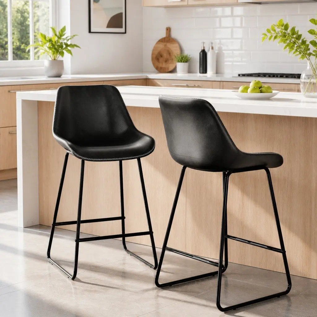 Bar Stools PU Leather Metal Frame Set of 2 Black 70cm Height