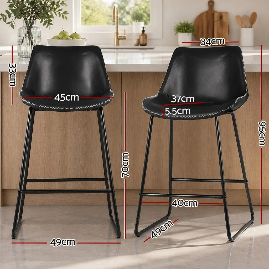 Bar Stools PU Leather Metal Frame Set of 2 Black 70cm Height