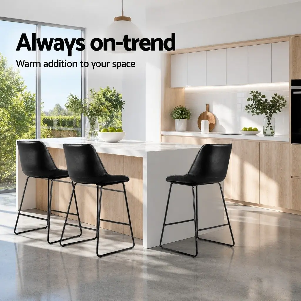 Bar Stools PU Leather Metal Frame Set of 2 Black 70cm Height