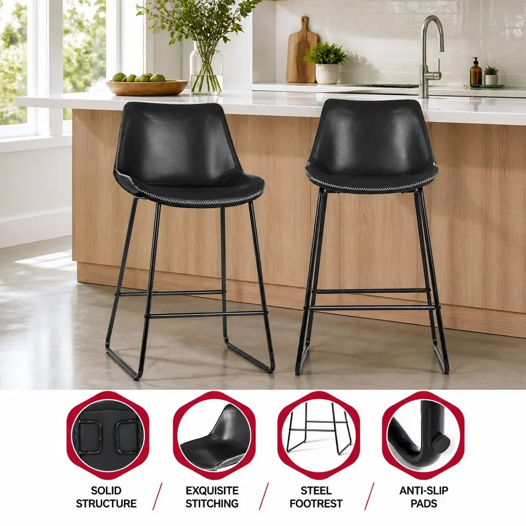 Bar Stools PU Leather Metal Frame Set of 2 Black 70cm Height