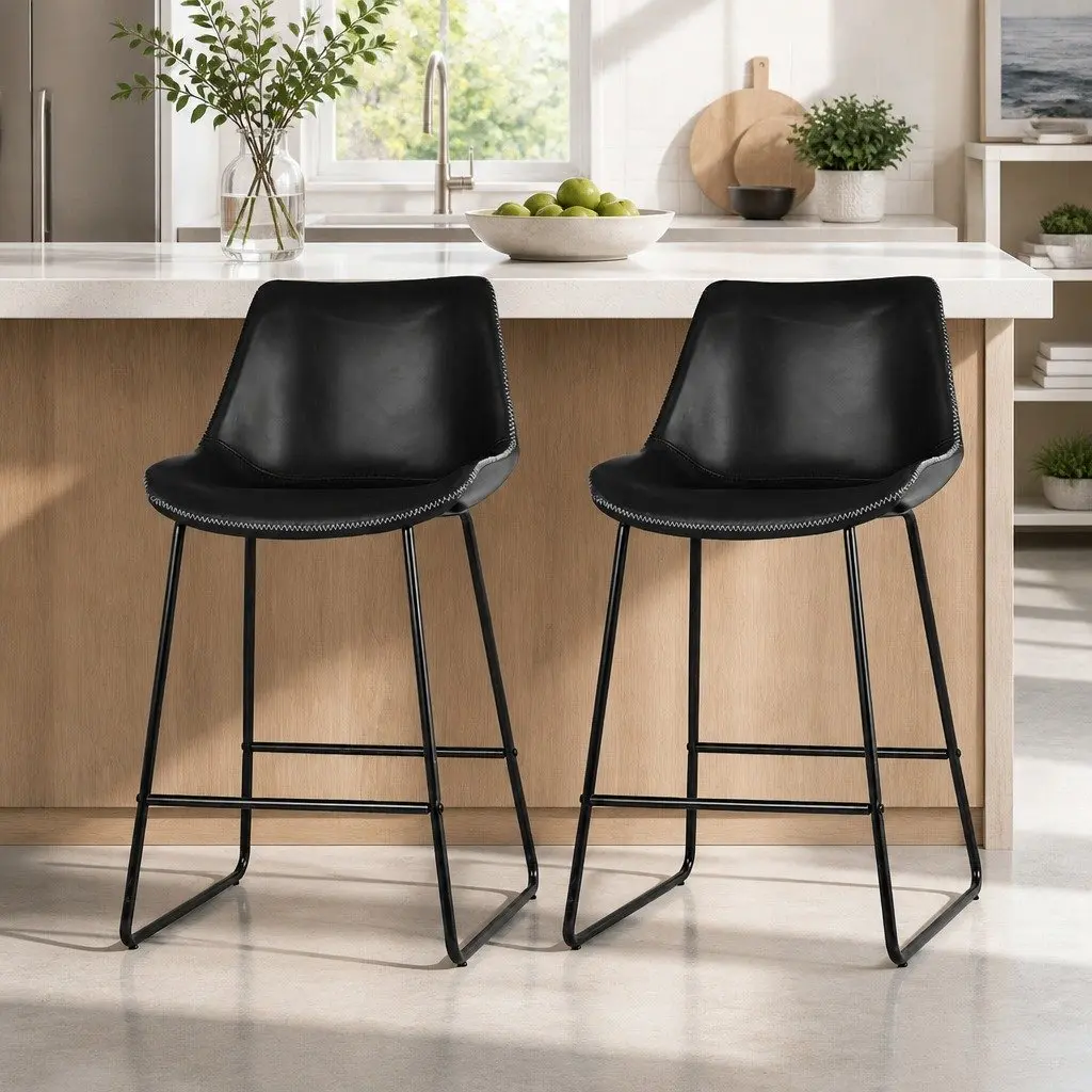 Bar Stools PU Leather Metal Frame Set of 2 Black 70cm Height