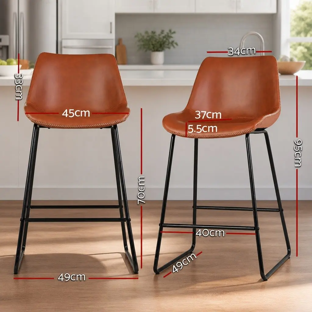 Bar Stools PU Leather Metal Steel Frame 70cm Brown Set of 2