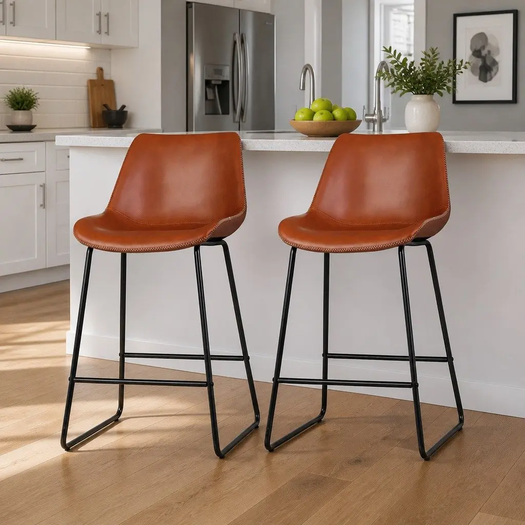 Bar Stools PU Leather Metal Steel Frame 70cm Brown Set of 2