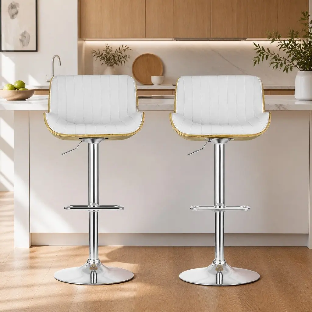 Bar Stools Adjustable Swivel Leather Chairs Set of 2 White Contemporary Design
