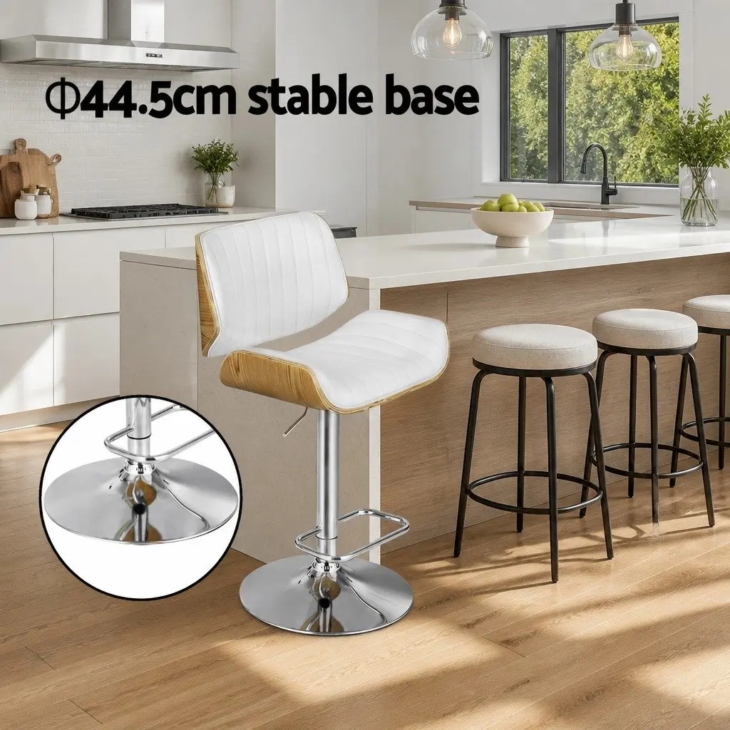 Bar Stools Adjustable Swivel Leather Chairs Set of 2 White Contemporary Design