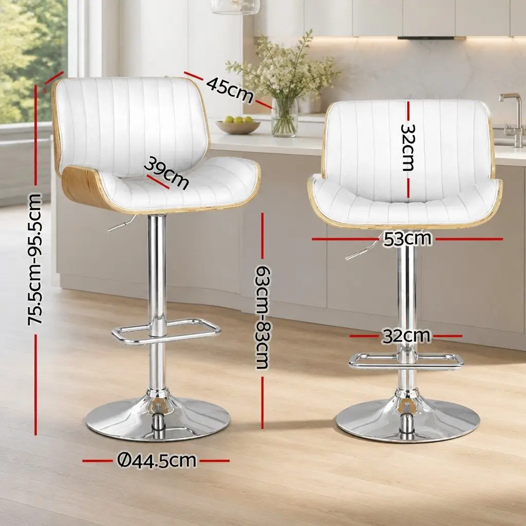 Bar Stools Adjustable Height PU Leather White 4 Pack Curved Bentwood Seat Swivel