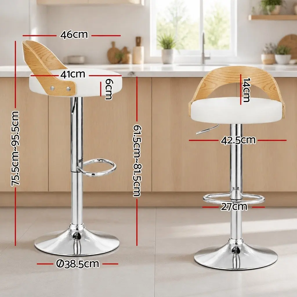 Bar Stools Adjustable Height PU Leather Upholstery 360° Swivel Chrome Base White Set of 2