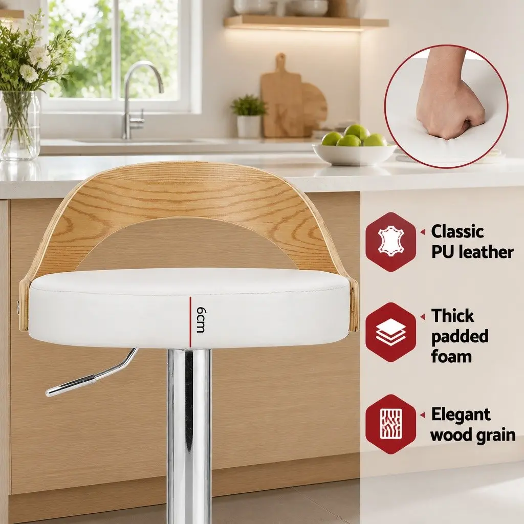 Bar Stools Adjustable Height PU Leather Upholstery 360° Swivel Chrome Base White Set of 2