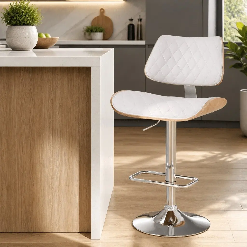 Bar Stool PU Leather Padded Seat Adjustable Height Swivel White