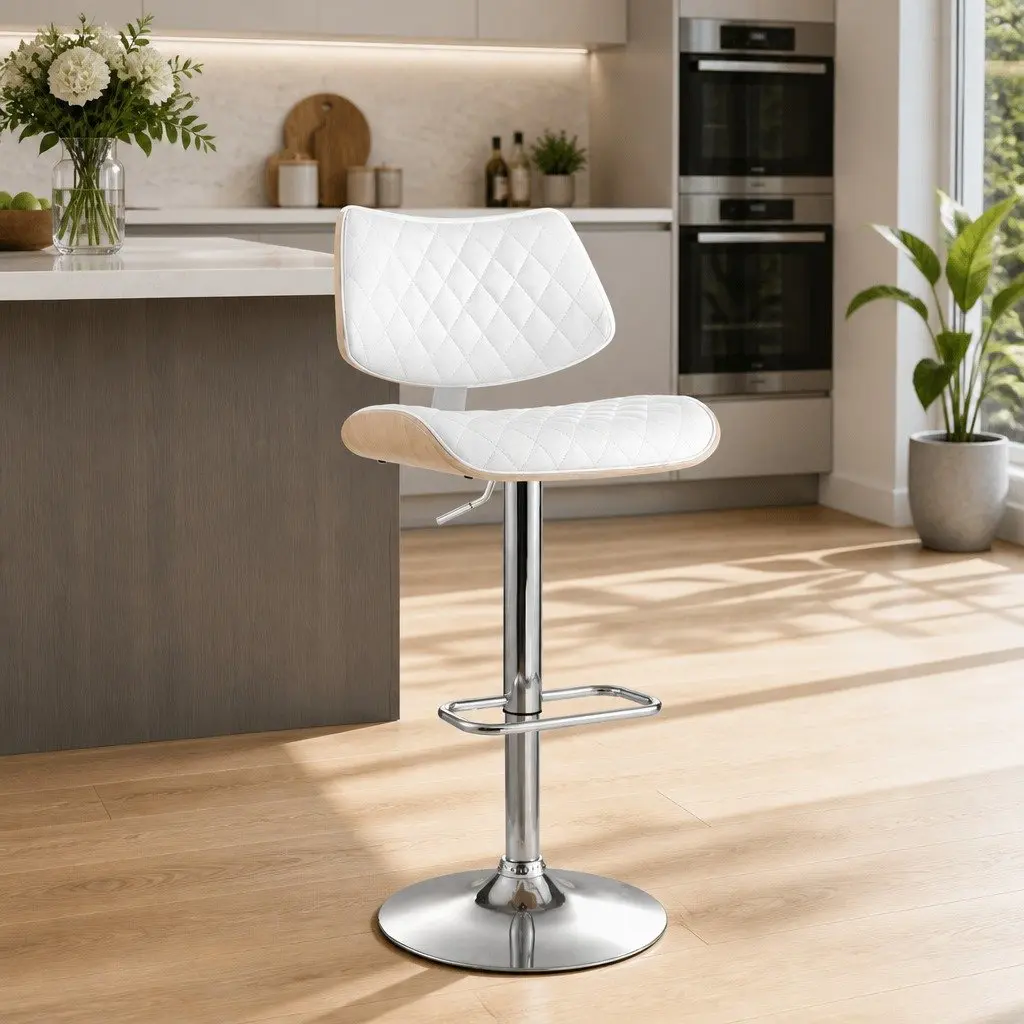 Bar Stool PU Leather Padded Seat Adjustable Height Swivel White