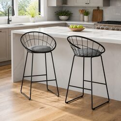 Bar Stools Padded Seat Metal Frame Black Kitchen Counter Height Set of 2