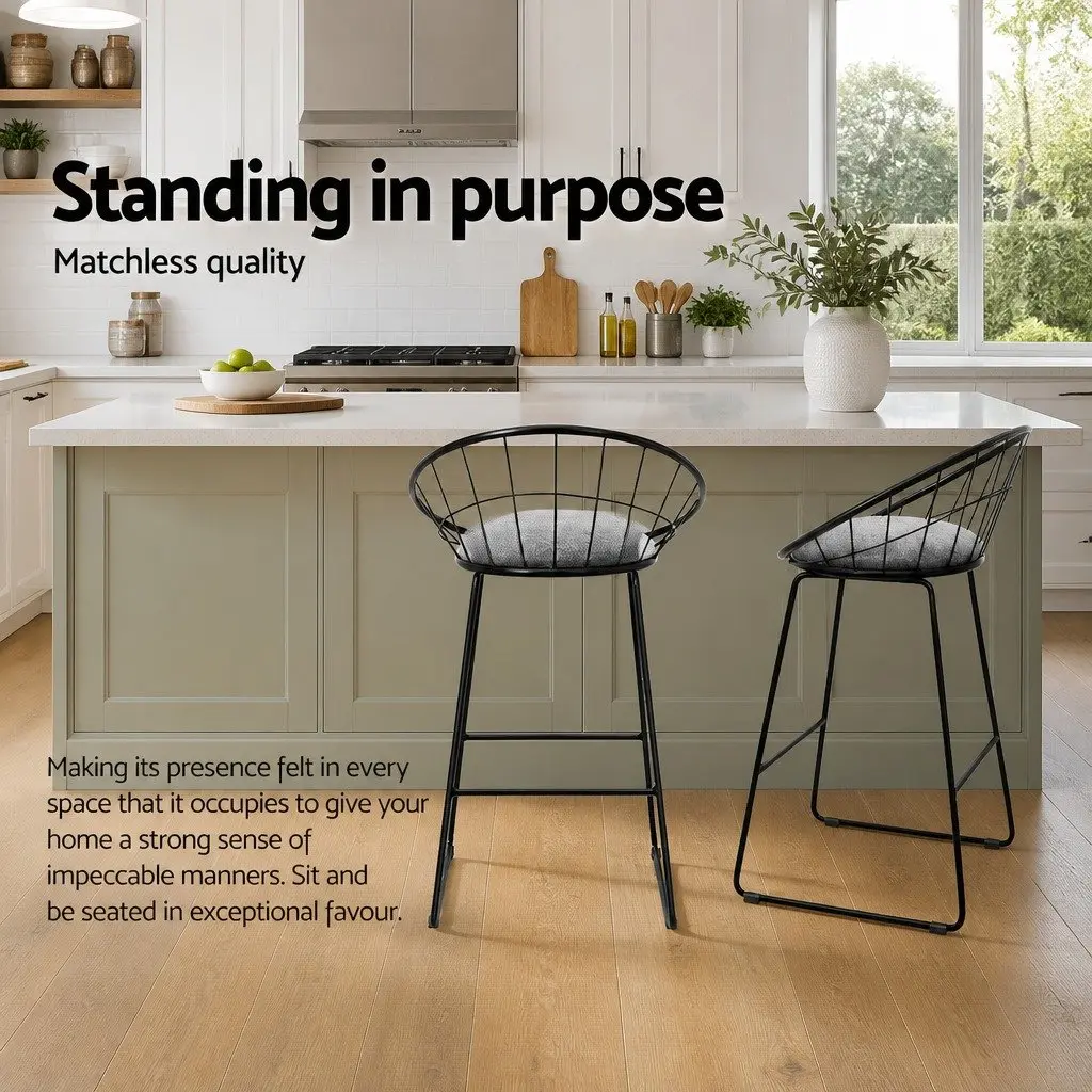 Bar Stools Metal Frame Padded Seat Black Kitchen Counter Height Set of 2