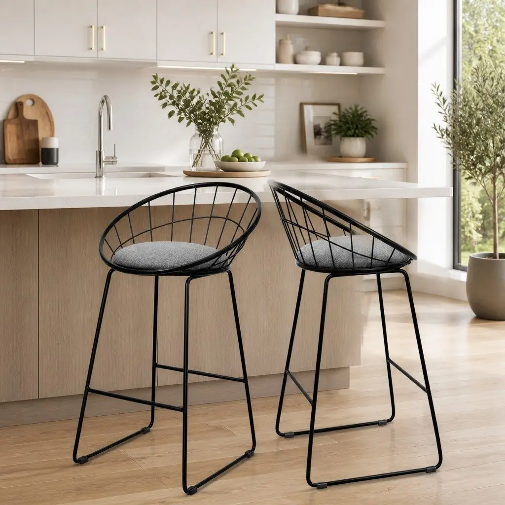Bar Stools Metal Frame Padded Seat Black Kitchen Counter Height Set of 2