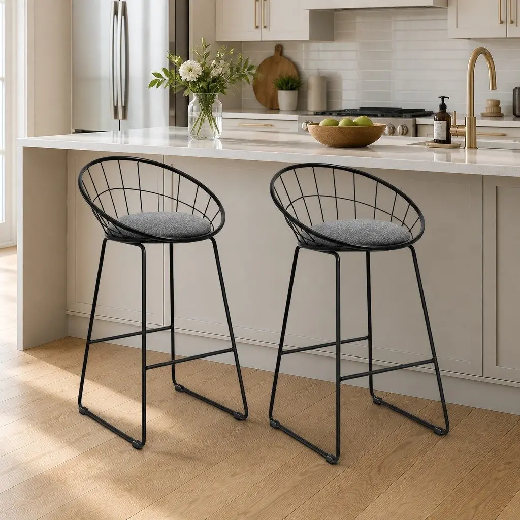 Bar Stools Metal Frame Padded Seat Black Kitchen Counter Height Set of 2