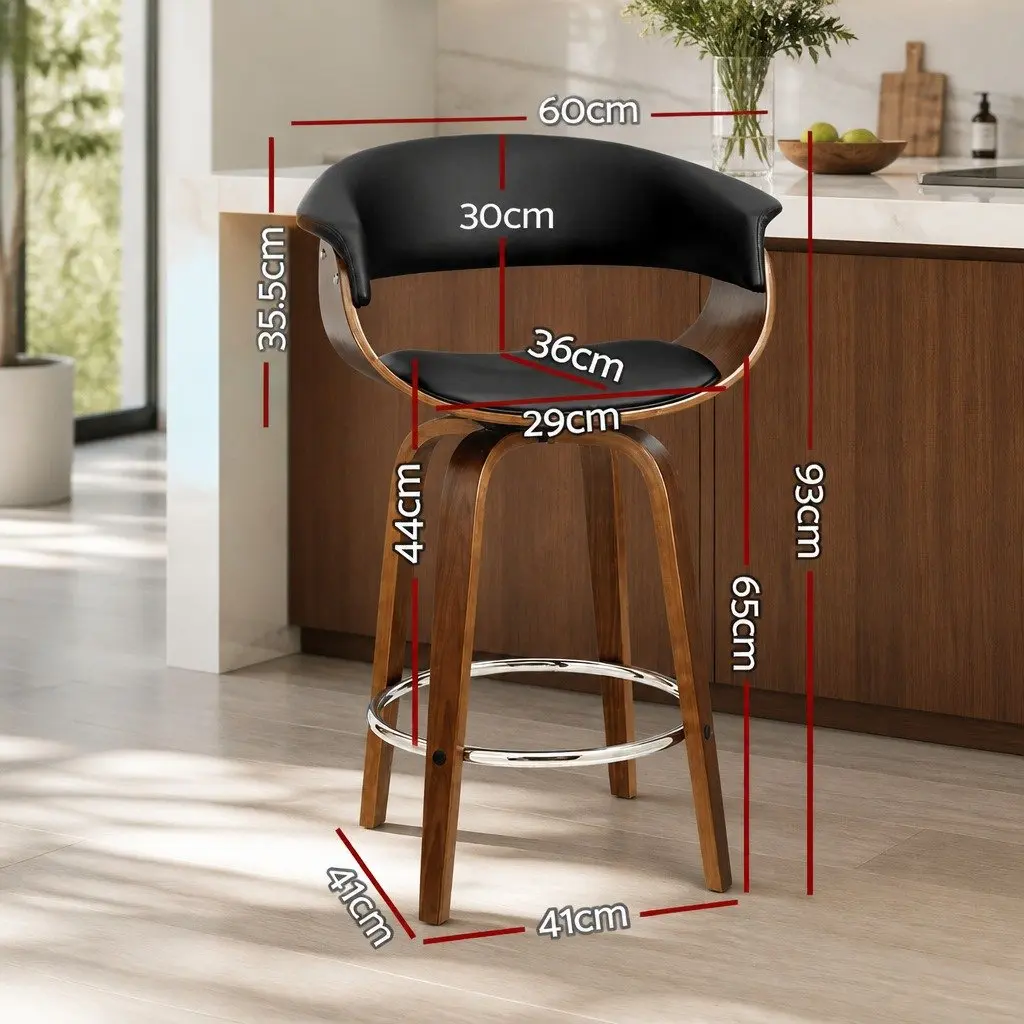 Bar Stools Wooden Frame Swivel Seat Black PU Leather Padded Armrest Chrome