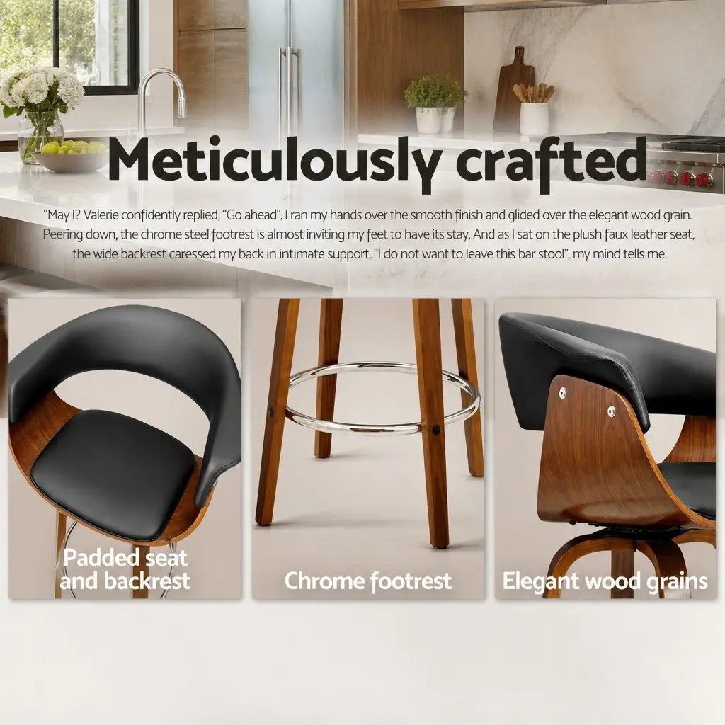 Bar Stools Wooden Frame Mid-Height Swivel Black Seat Set of 4