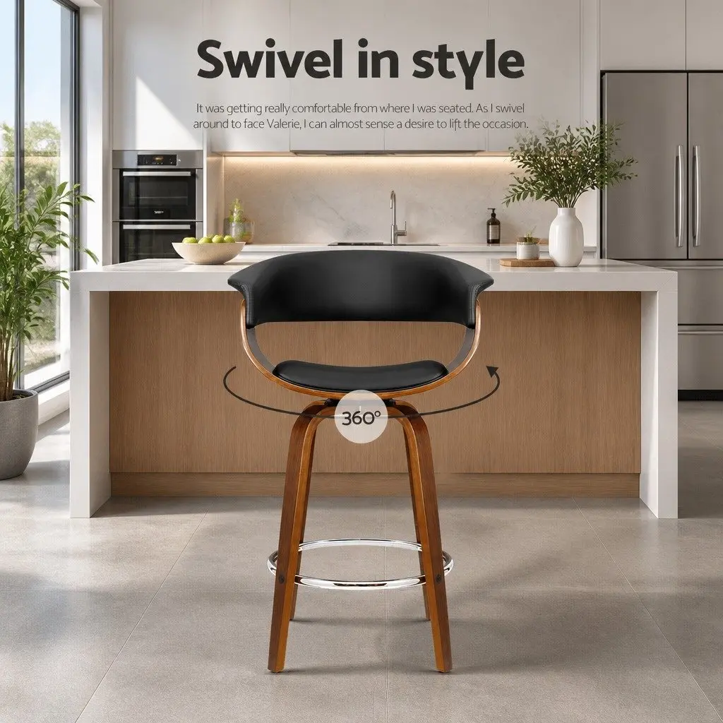 Bar Stools Wooden Frame Mid-Height Swivel Black Seat Set of 4