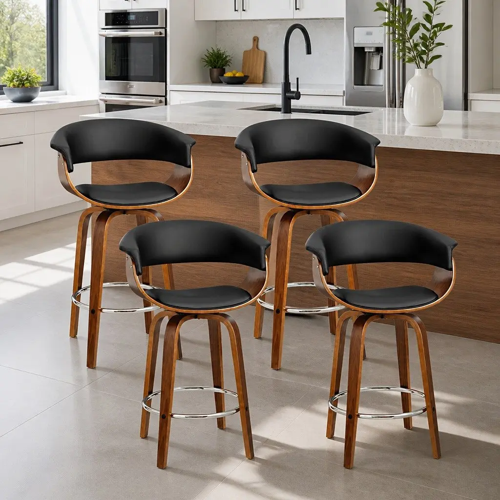 Bar Stools Wooden Frame Mid-Height Swivel Black Seat Set of 4